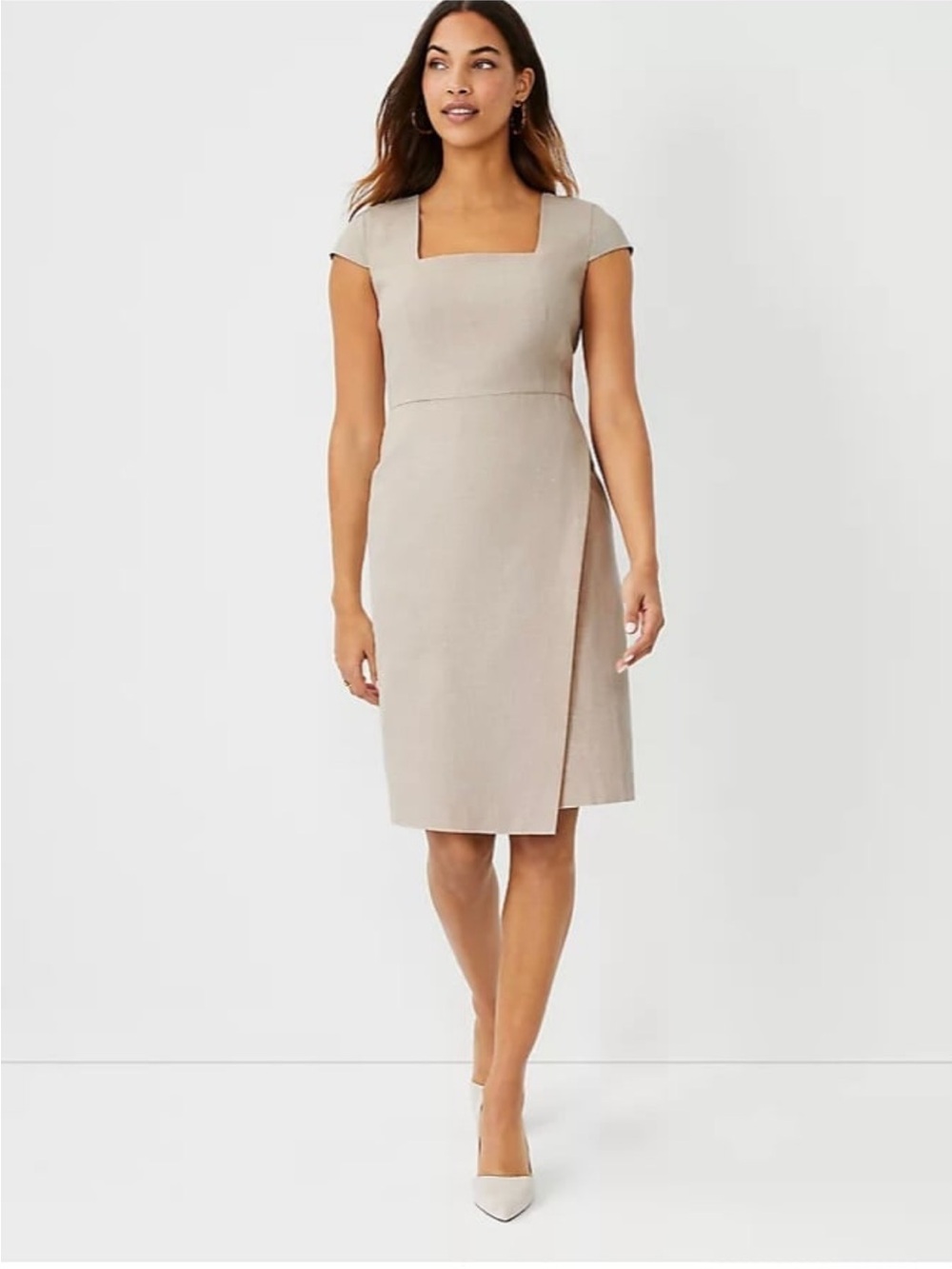 Ann Taylor Beige Square-Neck Midi Dress